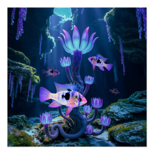 Blue Ram Cichlids Fantasy Surreal Aquarium Vis Perfect Poster (Voorkant)