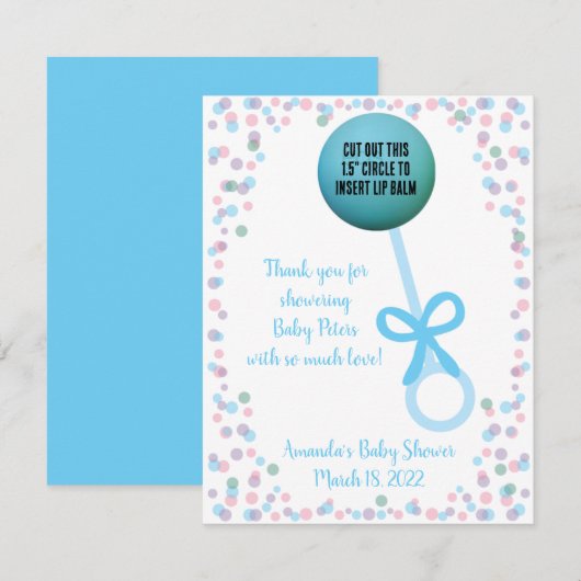Blue Rattle EOS Lippenbalsem Baby shower Favor Kaart (Voorkant / Achterkant)