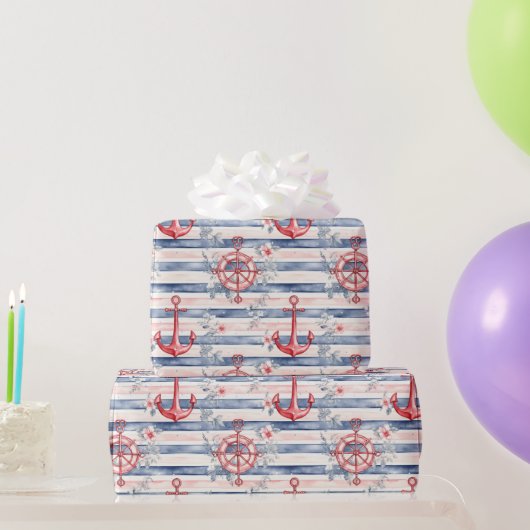 Blue Red Anchors Floral Stripes Beach Birthday Cadeaupapier (Feestgeschenken)
