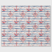 Blue Red Anchors Floral Stripes Beach Birthday Cadeaupapier (Vlak)