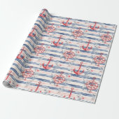 Blue Red Anchors Floral Stripes Beach Birthday Cadeaupapier (Uitgerold)