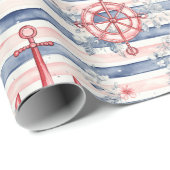 Blue Red Anchors Floral Stripes Beach Birthday Cadeaupapier (Rol Hoek)