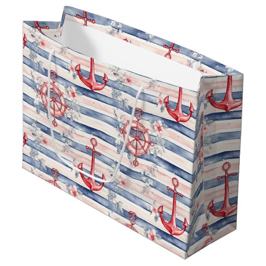 Blue Red Anchors Floral Stripes Beach Birthday Groot Cadeauzakje (Voorkant Gekanteld)