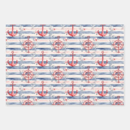 Blue Red Anchors Floral Stripes Beach Birthday Inpakpapier Vel