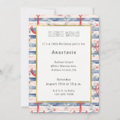 Blue Red Anchors Floral Stripes Beach Birthday Kaart (Voorkant)