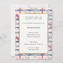 Blue Red Anchors Floral Stripes Beach Birthday Kaart