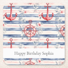 Blue Red Anchors Floral Stripes Beach Birthday Kartonnen Onderzetters