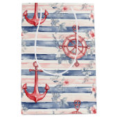Blue Red Anchors Floral Stripes Beach Birthday Medium Cadeauzakje (Voorkant)