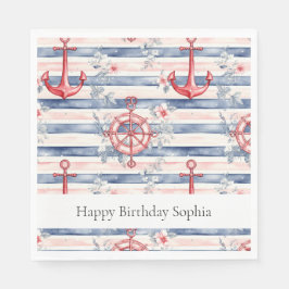 Blue Red Anchors Floral Stripes Beach Birthday Servet