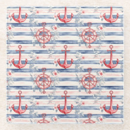 Blue Red Anchors Floral Stripes Beach Glazen Onderzetter