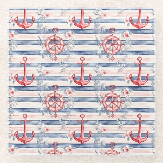 Blue Red Anchors Floral Stripes Beach  Glazen Onderzetter (Voorkant)