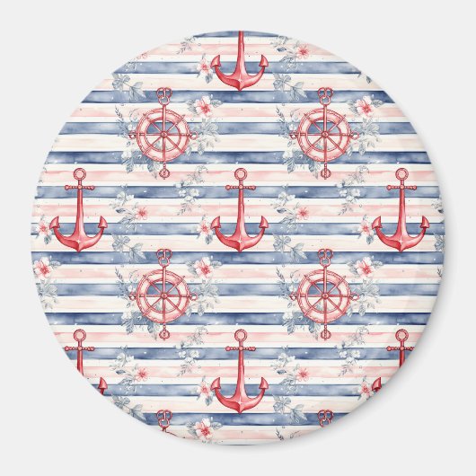 Blue Red Anchors Floral Stripes Beach  Magneet (Voorkant)