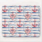 Blue Red Anchors Floral Stripes Beach  Muismat (Voorkant)
