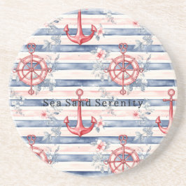Blue Red Anchors Floral Stripes Beach Ocean Zandsteen Onderzetter