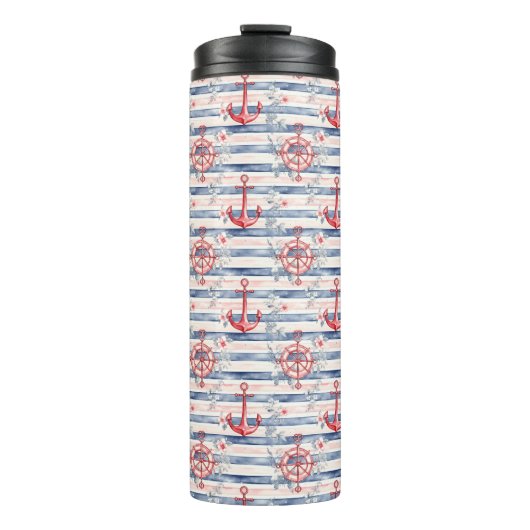 Blue Red Anchors Floral Stripes Beach  Thermosbeker (Voorkant)