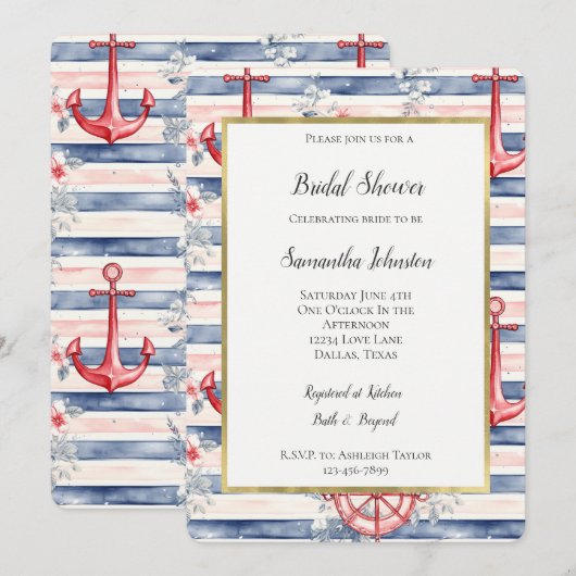 Blue Red Anchors Floral Stripes Bridal Shower Kaart (Voorkant / Achterkant)