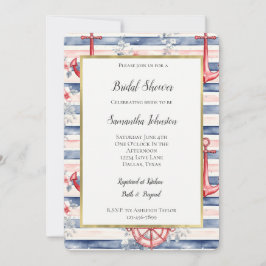 Blue Red Anchors Floral Stripes Bridal Shower Kaart