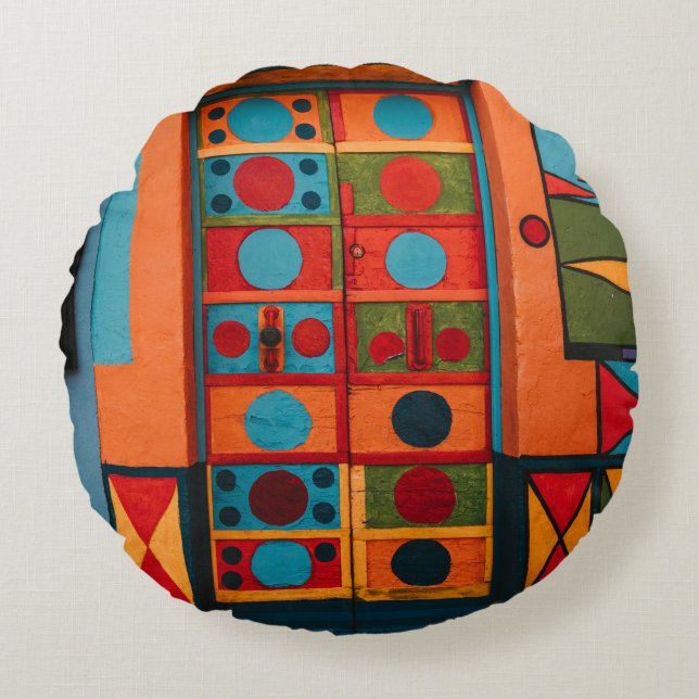 BLUE RED AND YELLOW ABSTRACT PAINTING ROND KUSSEN (Voorkant)