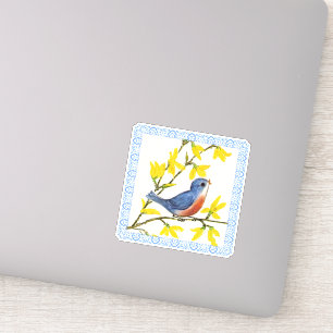 Blue Red Bird Branch Yellow Flowers Blue Border Sticker