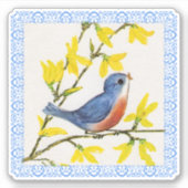 Blue Red Bird Branch Yellow Flowers Blue Border Sticker (Voorkant)