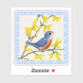 Blue Red Bird Branch Yellow Flowers Blue Border Sticker (Vel)
