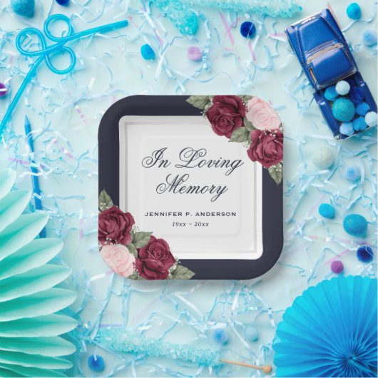 Blue Red Blush Pink Floral Memorial Funeral Papieren Bordje (Feest)