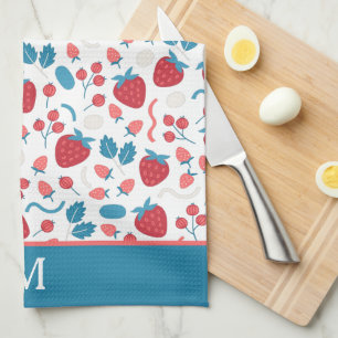 Blue Red Boho Strawberry Pattern Monogram Theedoek