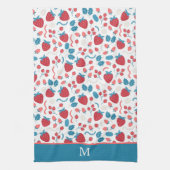 Blue Red Boho Strawberry Pattern Monogram Theedoek (Verticaal)
