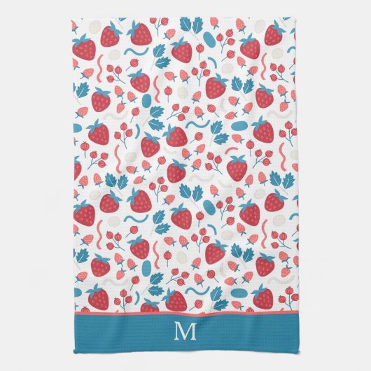 Blue Red Boho Strawberry Pattern Monogram Theedoek (Verticaal)