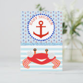 Blue & Red Boy Crab Beachy Baby shower Invitation Kaart (Staand voorkant)