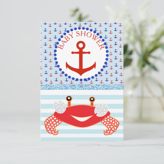 Blue & Red Boy Crab Beachy Baby shower Invitation Kaart (Staand voorkant)