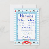 Blue & Red Boy Crab Beachy Baby shower Invitation Kaart (Achterkant)