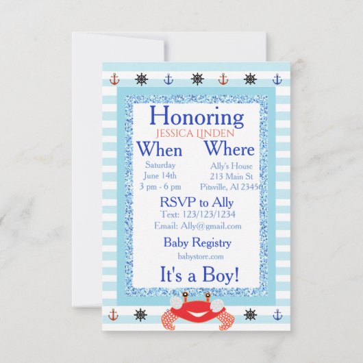 Blue & Red Boy Crab Beachy Baby shower Invitation Kaart (Achterkant)