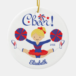 Blue Red Cheer Blonde Cheerleader - gepersonalisee Keramisch Ornament