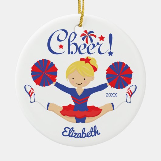 Blue Red Cheer Blonde Cheerleader - gepersonalisee Keramisch Ornament (Voorkant)