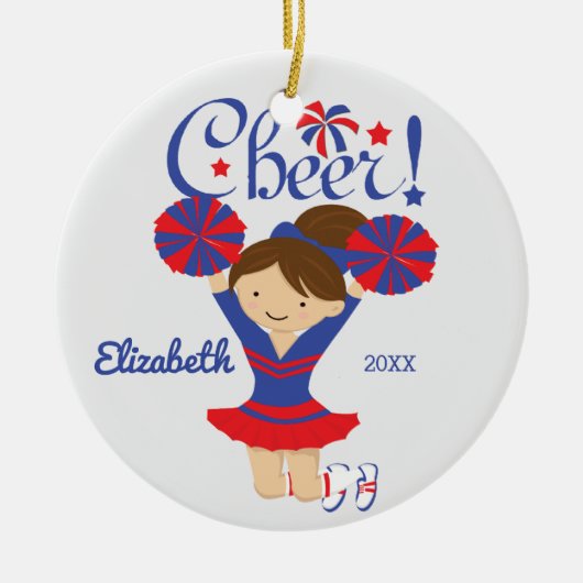 Blue & Red Cheer Brunette Cheerleader Ornament (Voorkant)