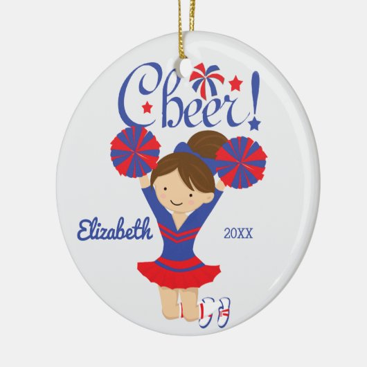 Blue & Red Cheer Brunette Cheerleader Ornament (Links)