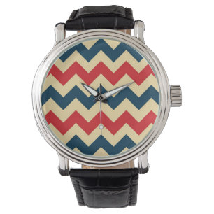 Blue Red Chevron Zigzap Pattern Horloge
