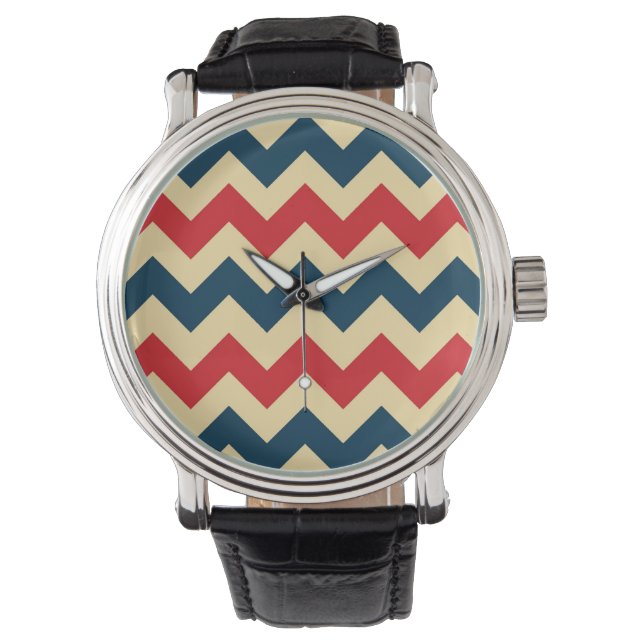 Blue Red Chevron Zigzap Pattern Horloge (Voorkant)