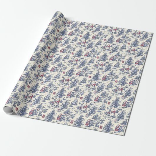 Blue & Red Christmas Santa Toile Cadeaupapier (Uitgerold)