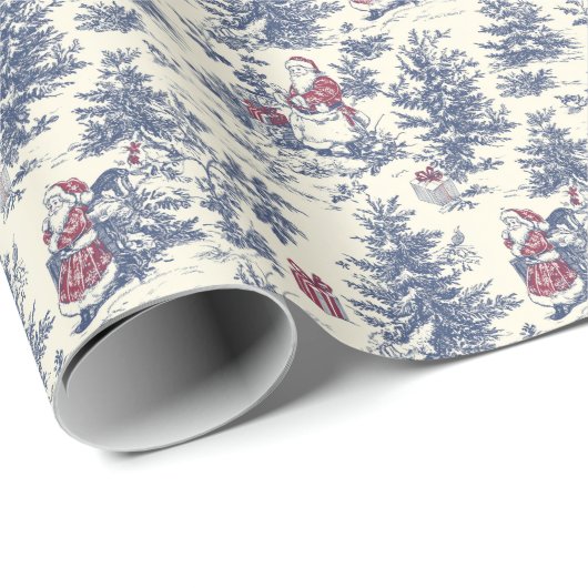 Blue & Red Christmas Santa Toile Cadeaupapier (Rol Hoek)
