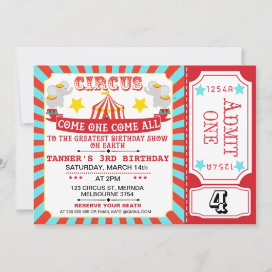 Blue Red Circus Ticket Circus Tent Birthday Kaart (Voorkant)