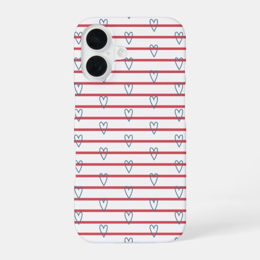 Blue Red Coastal Nautical Hearts Stripes Schattige iPhone 16 Hoesje (Achterkant)