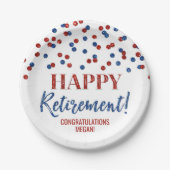 Blue Red Confetti Happy Retirement Papieren Bordje (Voorkant)