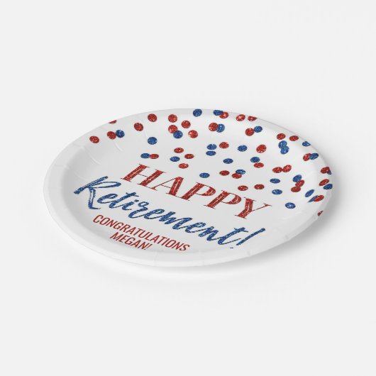 Blue Red Confetti Happy Retirement Papieren Bordje (Gekanteld)
