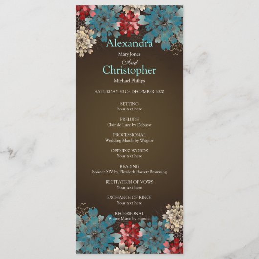 Blue Red & Cream Flowers Retro Wedding Program Programmakaart (Voorkant)