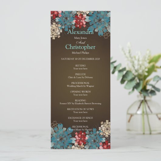 Blue Red & Cream Flowers Retro Wedding Program Programmakaart (Staand voorkant)
