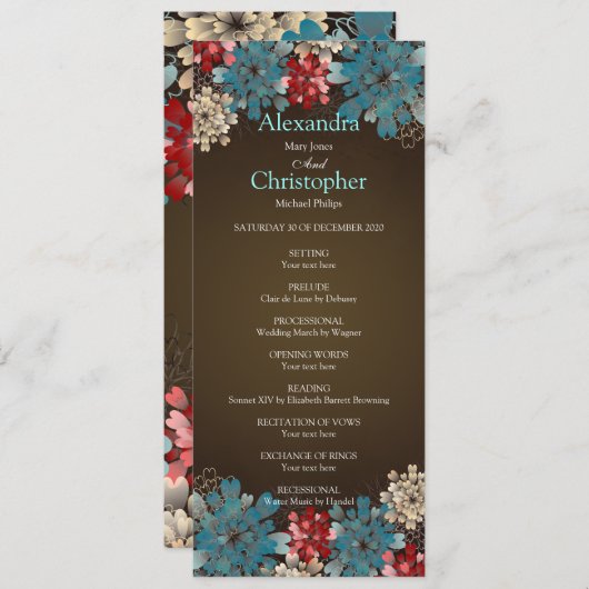 Blue Red & Cream Flowers Retro Wedding Program Programmakaart (Voorkant / Achterkant)