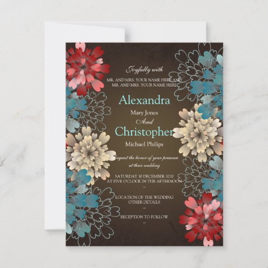 Blue Red & Cream Flowers Retro Wedding S2 Kaart (Voorkant)