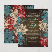 Blue Red & Cream Flowers Retro Wedding S2 Kaart (Voorkant / Achterkant)